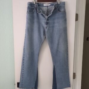 Revolve x EB Denim made from Levi's wide leg raw hem fly button Blue Jeans NWOT